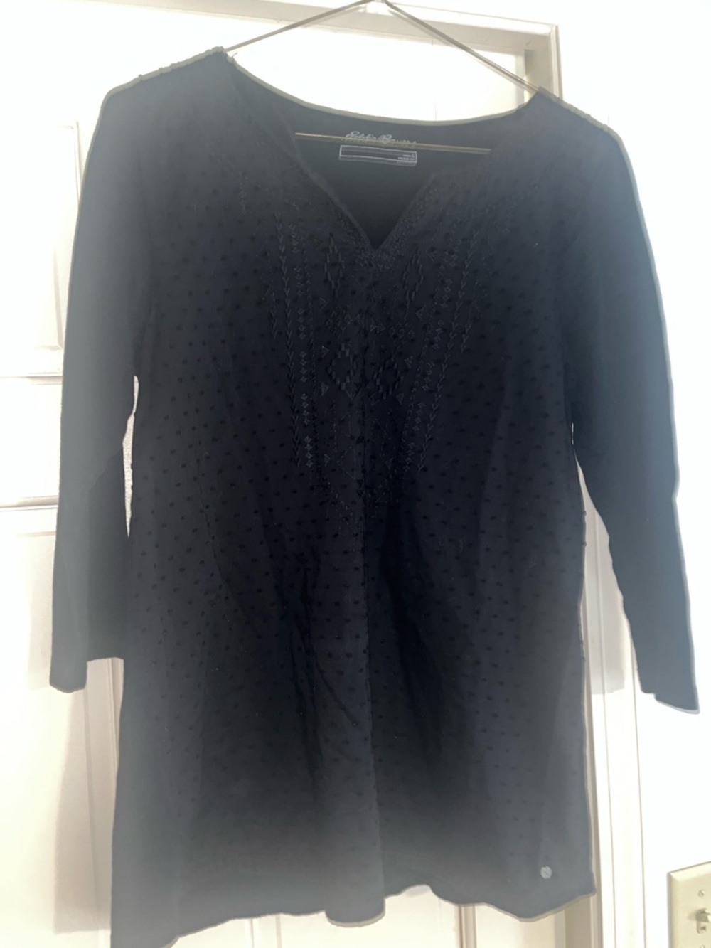 Eddie Bauer Black Embroidered V-Neck 3/4 sleeve